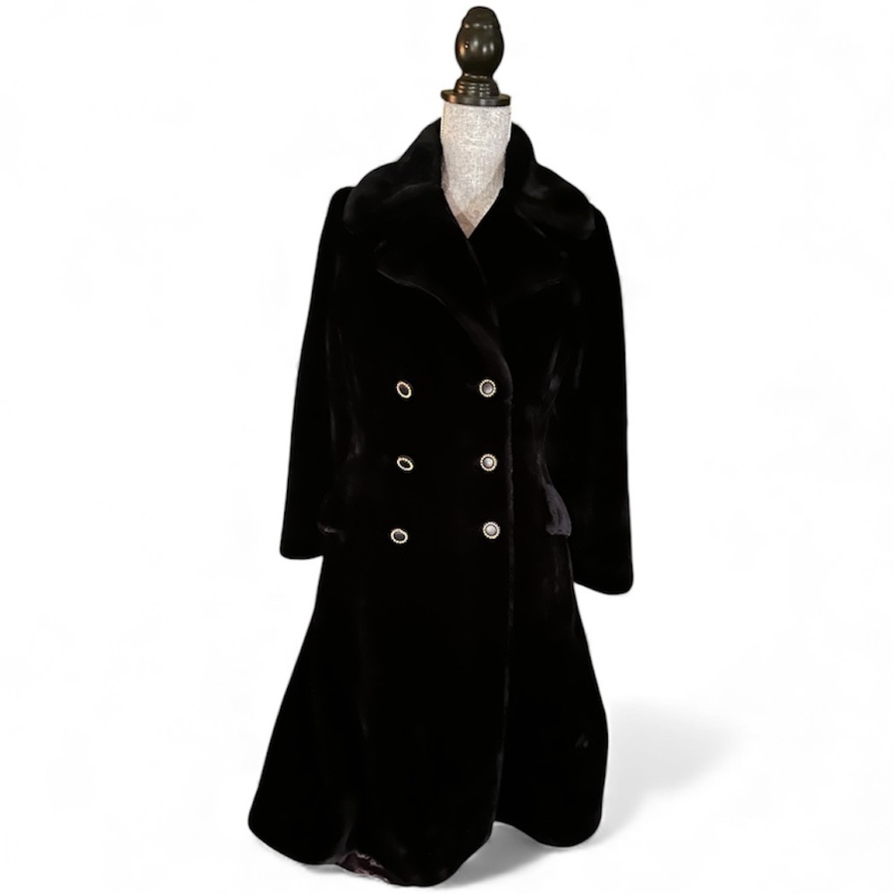 Vintage 60s Borgazia Double Breasted Black Faux Fur Coat w/ Gold Buttons